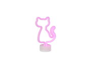 Rosa LED-Neonlicht in Katzen-Silhouette auf weißem Standfuß, freigestellt vor weißem Hintergrund, Frontansicht
