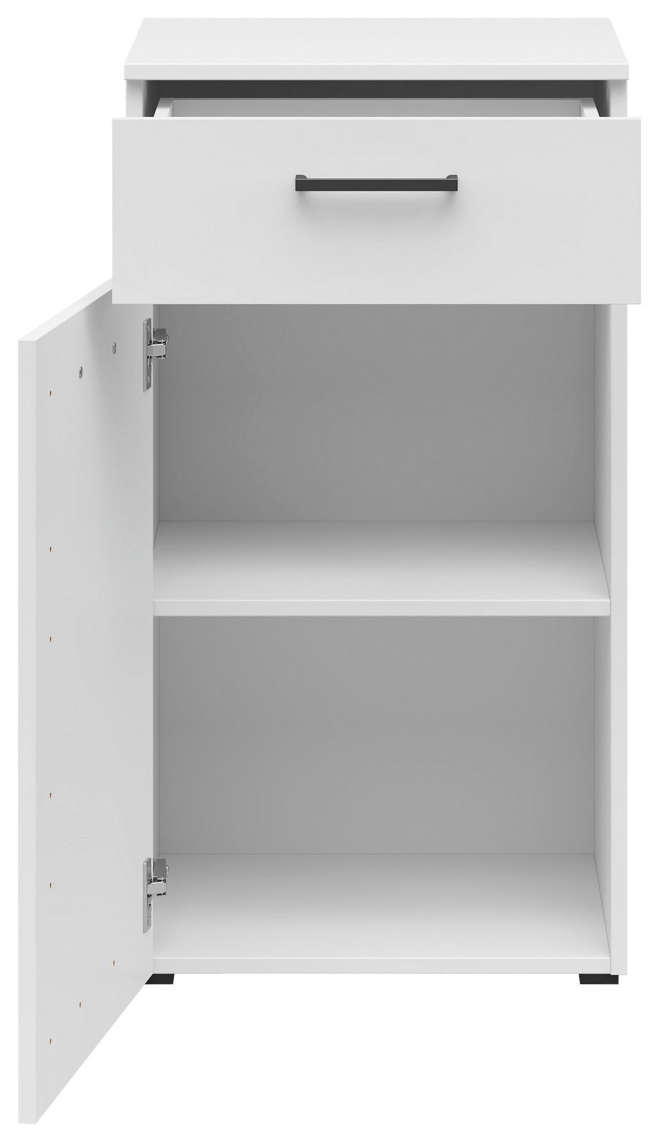 Weiße Kommode mit einer offenen Schublade und einer geöffneten Tür, frontal betrachtet.