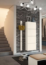 Moderne Garderobeneinrichtung mit Hängeschuhschrank und Hakenleiste vor einer Steinwand, seitliche Perspektive