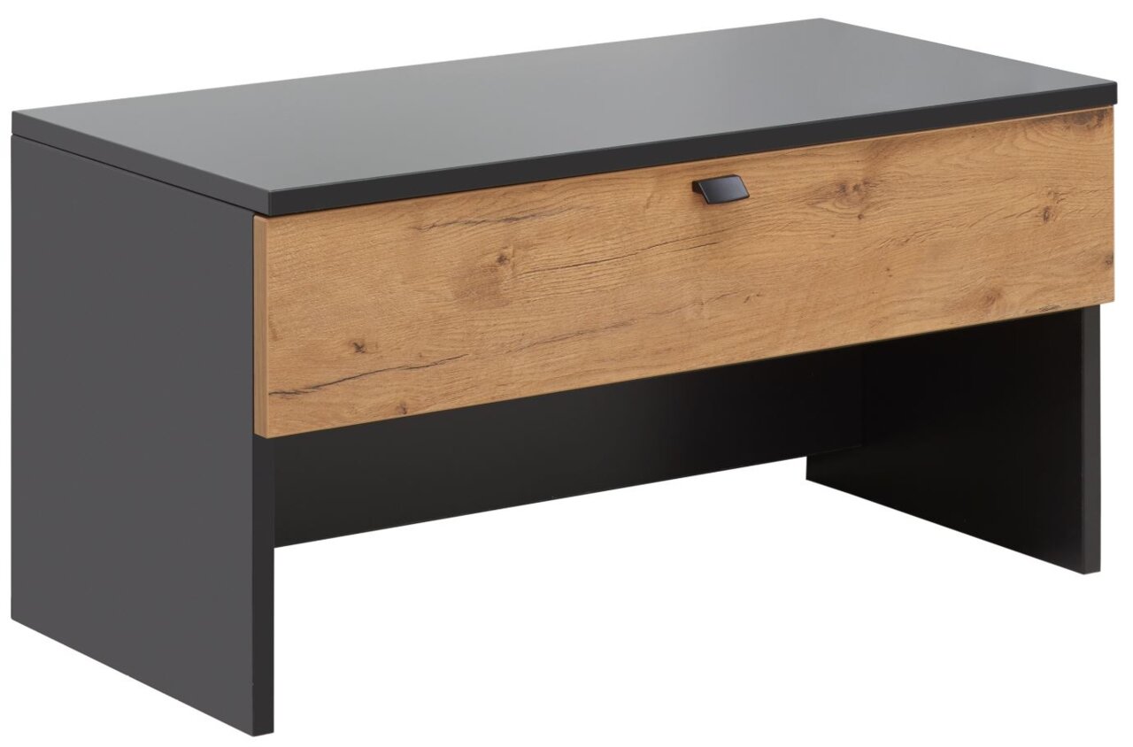 Moderne Bank mit schwarzem Korpus und Holzfront, seitliche Perspektive