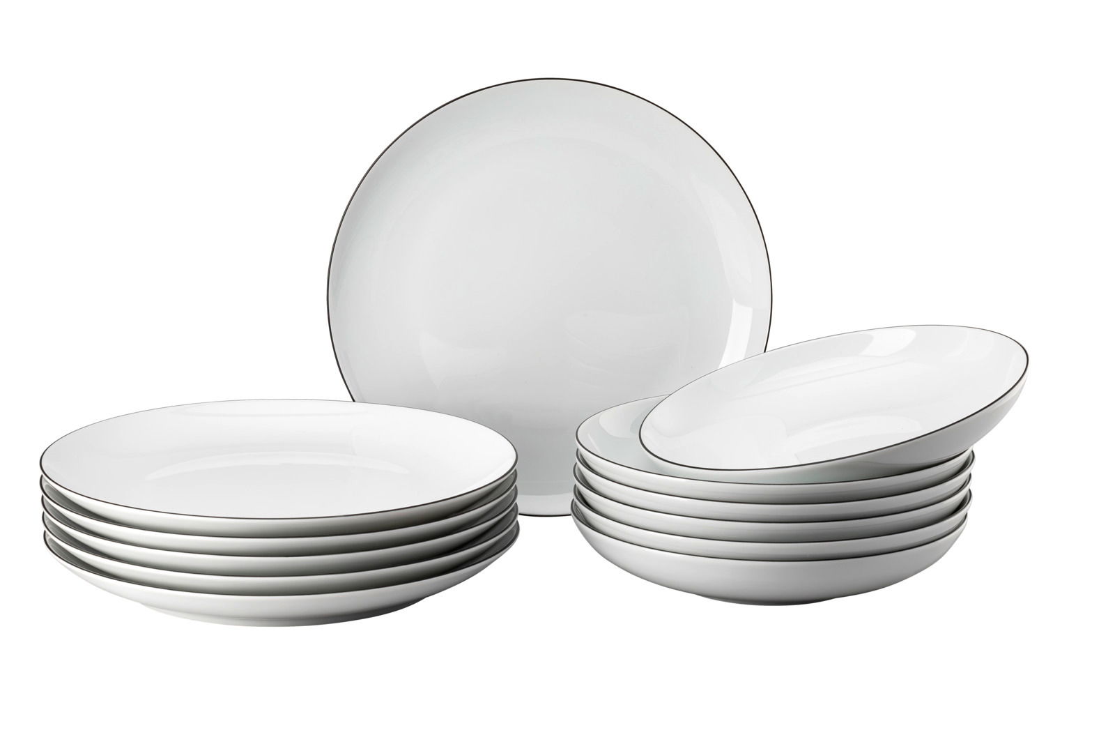 Weißes 12-teiliges Dinner-Set aus Porzellan, bestehend aus flachen und tiefen Tellern, seitliche Perspektive.