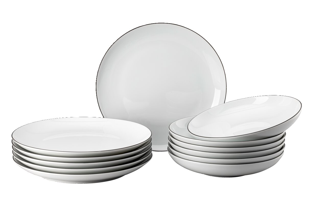 Weißes 12-teiliges Dinner-Set aus Porzellan, bestehend aus flachen und tiefen Tellern, seitliche Perspektive.