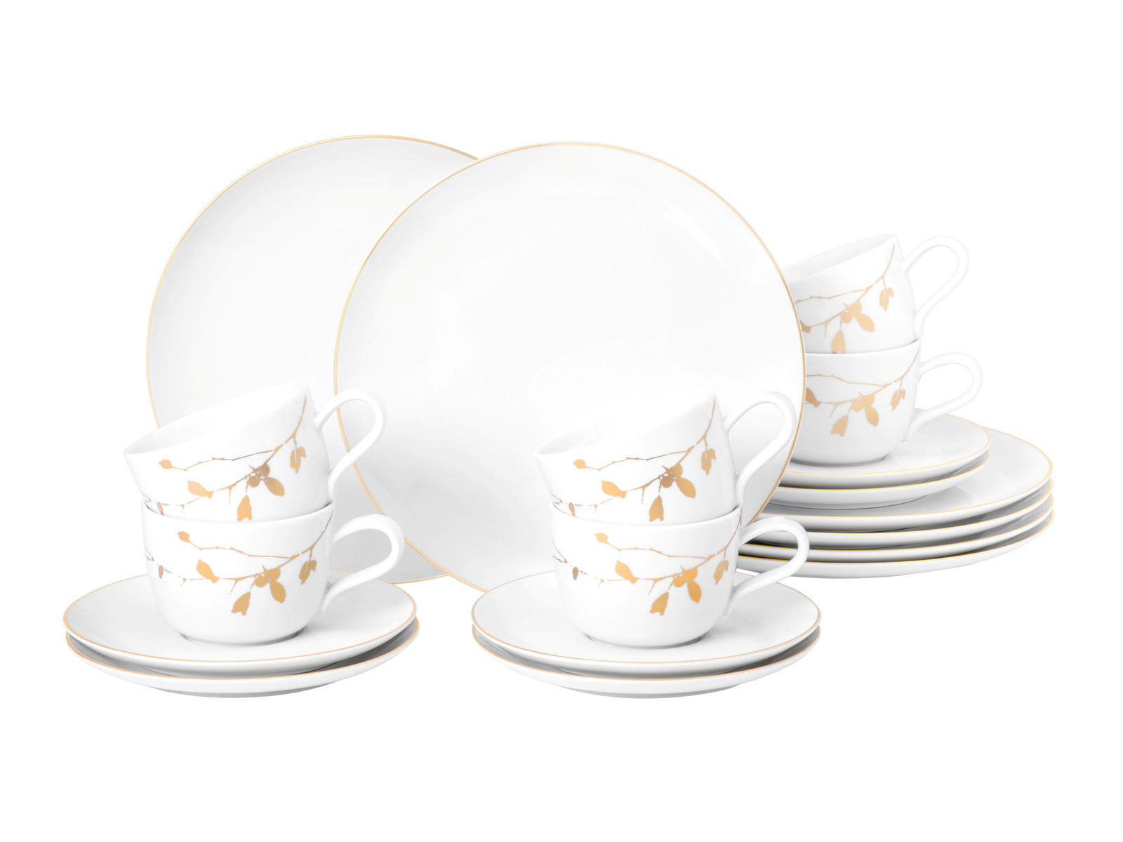 Elegantes 18-teiliges Kaffeeservice mit goldenen Blattmotiven, bestehend aus Tassen, Untertassen und Tellern, in einer frontalen Ansicht.