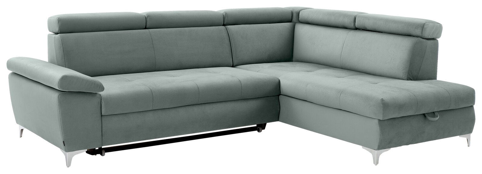 Graues Ecksofa mit verstellbaren Kopfstützen, abgebildet aus einer leicht erhöhten Perspektive von vorne.