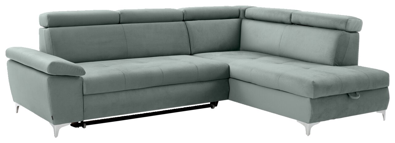 Graues Ecksofa mit verstellbaren Kopfstützen, abgebildet aus einer leicht erhöhten Perspektive von vorne.