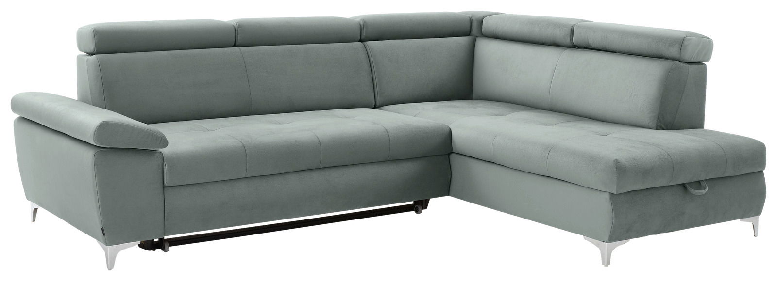 Graues Ecksofa mit verstellbaren Kopfstützen, abgebildet aus einer leicht erhöhten Perspektive von vorne.