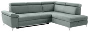 Graues Ecksofa mit verstellbaren Kopfstützen, abgebildet aus einer leicht erhöhten Perspektive von vorne.