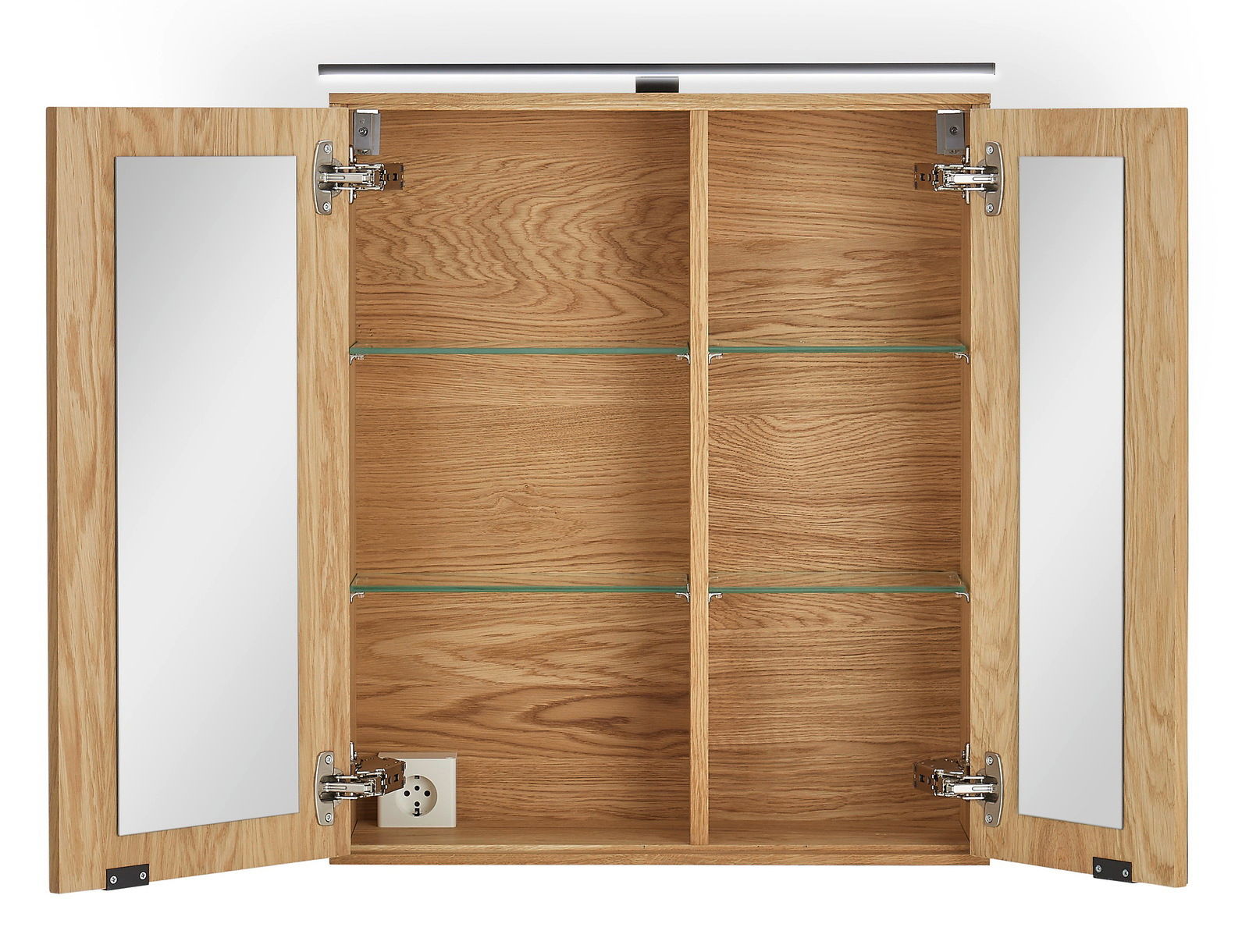 Offener Spiegelschrank aus Holz mit zwei Türen, innen mit Glasregalen und Steckdose, Frontalansicht.