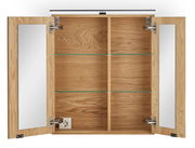 Offener Spiegelschrank aus Holz mit zwei Türen, innen mit Glasregalen und Steckdose, Frontalansicht.