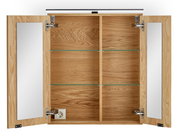 Offener Spiegelschrank aus Holz mit zwei Türen, innen mit Glasregalen und Steckdose, Frontalansicht.