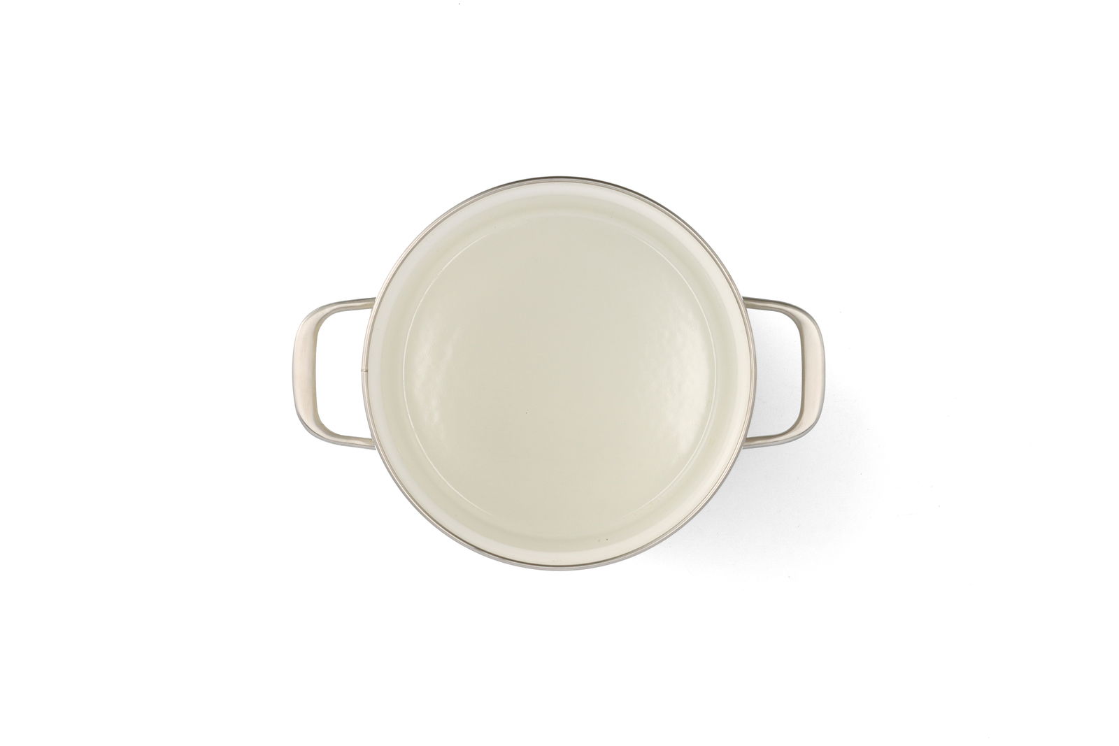 Top-Ansicht eines weißen Kochtopfs mit zwei Griffen, Teil eines 4-teiligen Topfsets in der Farbe almond white.