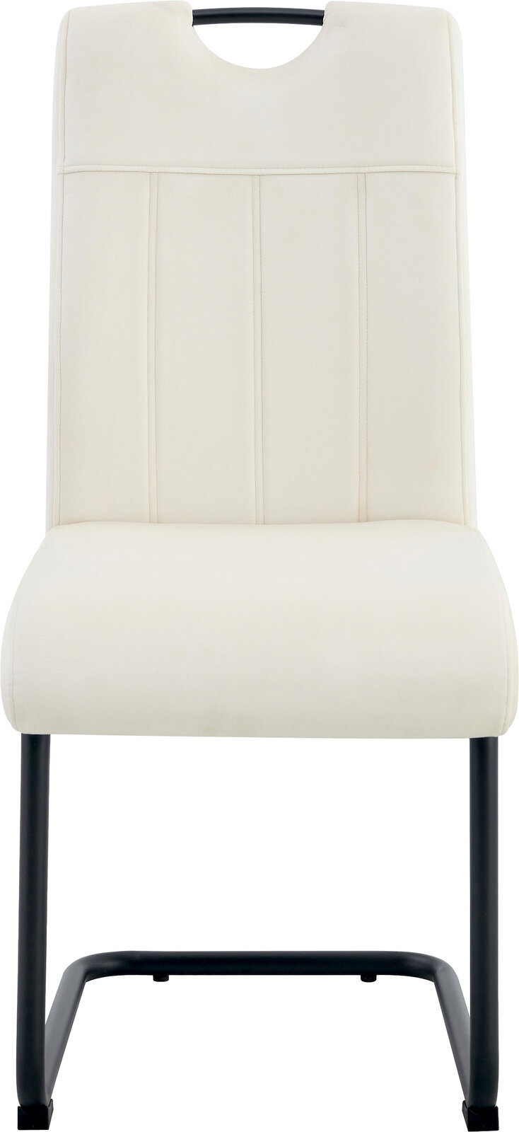Frontansicht eines gepolsterten Stuhls in Creme/Offwhite mit vertikalen Ziernähten, schwarzem Metallgestell und Griffaussparung an der Rückenlehne vor weißem Hintergrund
