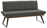 Graue Bank mit schwarzem Metallgestell und Holzdetails, seitliche Perspektive