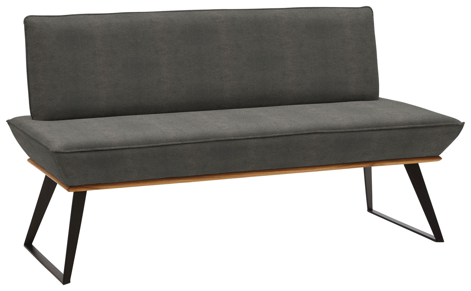 Voleo Bank MALIBU Graue Bank mit schwarzem Metallgestell und Holzdetails, seitliche Perspektive