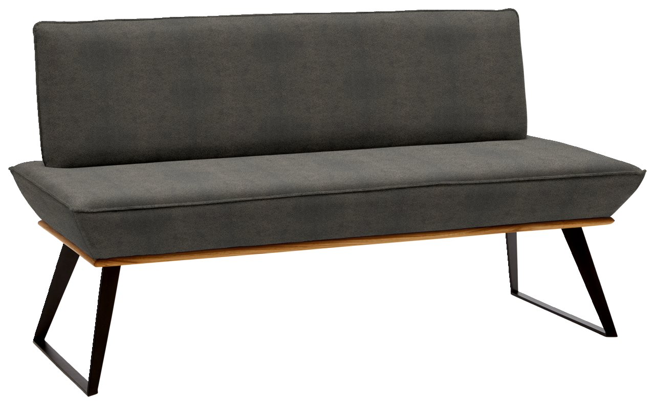 Voleo Bank MALIBU Graue Bank mit schwarzem Metallgestell und Holzdetails, seitliche Perspektive