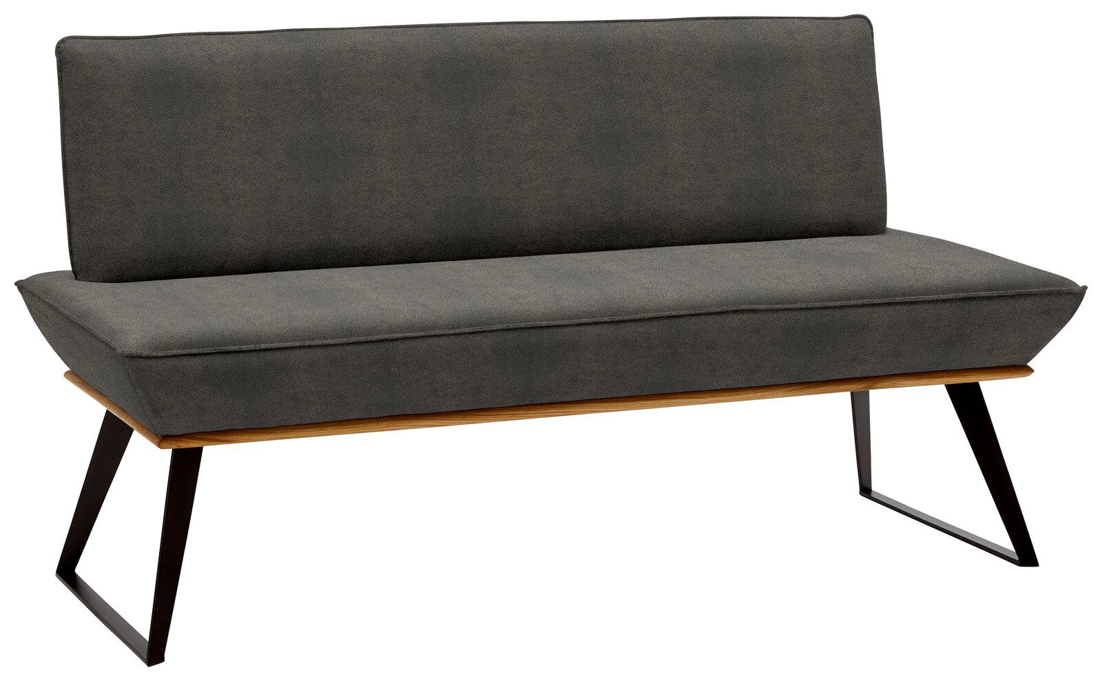 Voleo Bank MALIBU Graue Bank mit schwarzem Metallgestell und Holzdetails, seitliche Perspektive