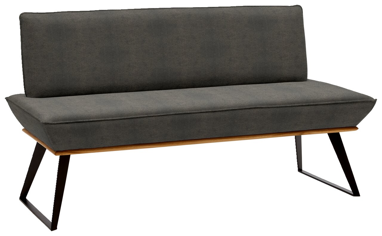 Voleo Bank MALIBU Graue Bank mit schwarzem Metallgestell und Holzdetails, seitliche Perspektive