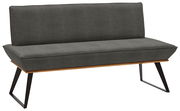Graue Bank mit schwarzem Metallgestell und Holzdetails, seitliche Perspektive