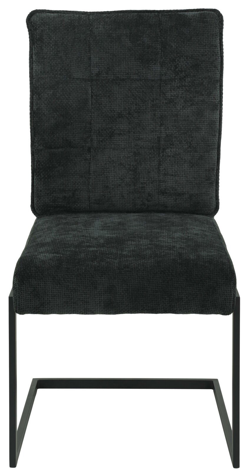 Vorderansicht eines modernen Schwingstuhls mit schwarzem Stoffbezug und Metallgestell.