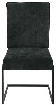 Vorderansicht eines modernen Schwingstuhls mit schwarzem Stoffbezug und Metallgestell.