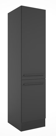 Schwarzer Vorratsschrank mit zwei Türen, perspektivisch von vorne links gesehen.