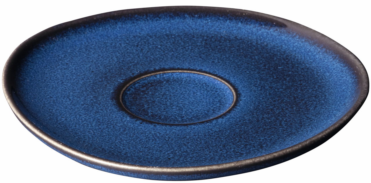 Blaue Kaffeeuntertasse Lave aus Keramik, von oben betrachtet, mit einem rustikalen, handgefertigten Design.