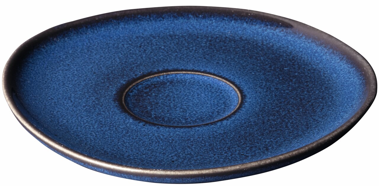 Blaue Kaffeeuntertasse Lave aus Keramik, von oben betrachtet, mit einem rustikalen, handgefertigten Design.