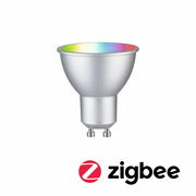 LED Leuchtmittel mit GU10-Sockel, silbernes Gehäuse, von vorne betrachtet, mit Zigbee-Logo