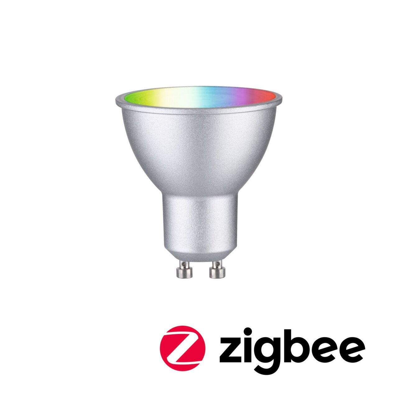 LED-lamp met GU10-fitting, zilveren behuizing, gezien vanaf de voorkant, met Zigbee-logo