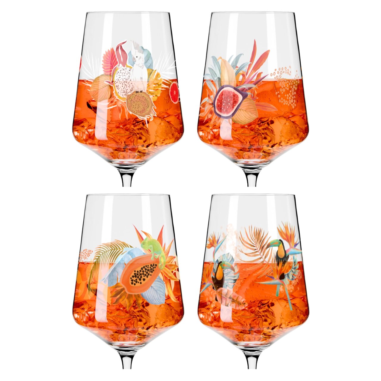 Ritzenhoff Aperizzo 4er-Set SOMMERRAUSCH Vier bunte Aperizzo-Gläser mit tropischen Motiven und orangefarbenem Getränk, frontal betrachtet.