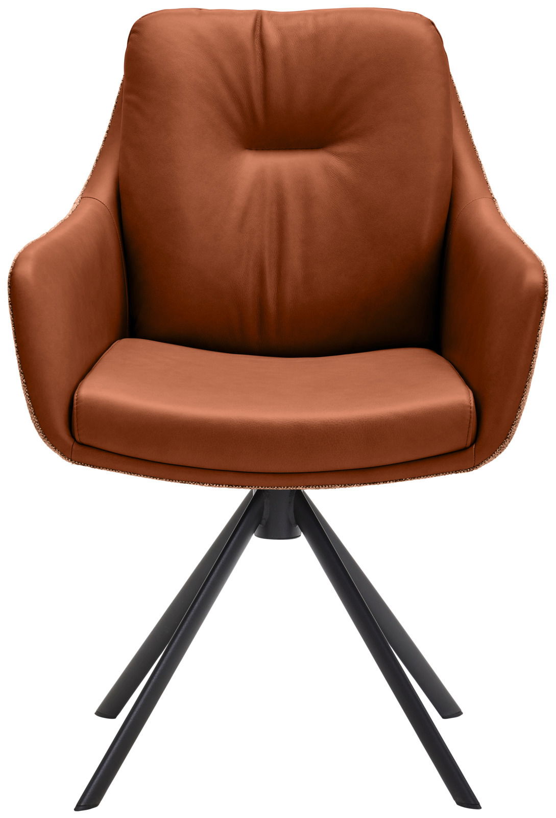 Vorderansicht eines braunen Armlehnstuhls mit gepolsterter Sitzfläche und schwarzem Metallgestell.