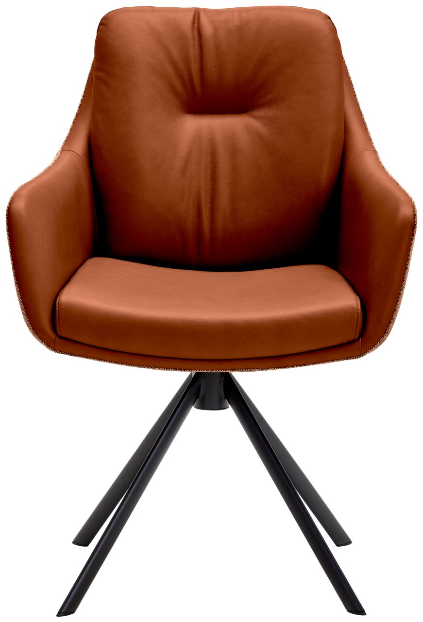 Vorderansicht eines braunen Armlehnstuhls mit gepolsterter Sitzfläche und schwarzem Metallgestell.