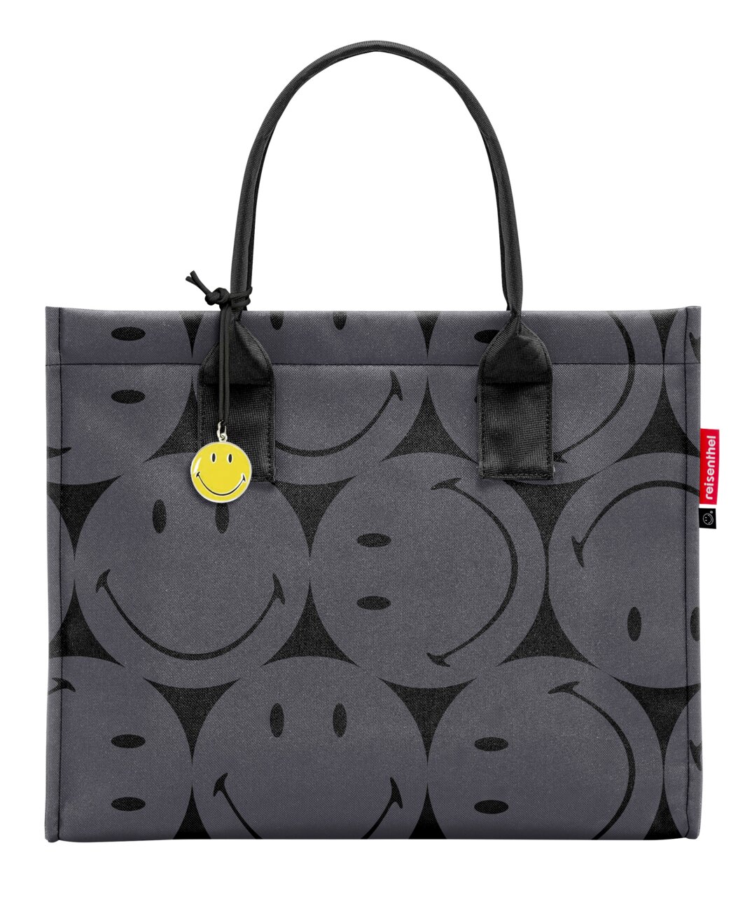 Graue Einkaufstasche mit schwarzen Smiley-Motiven und gelbem Smiley-Anhänger, Vorderansicht
