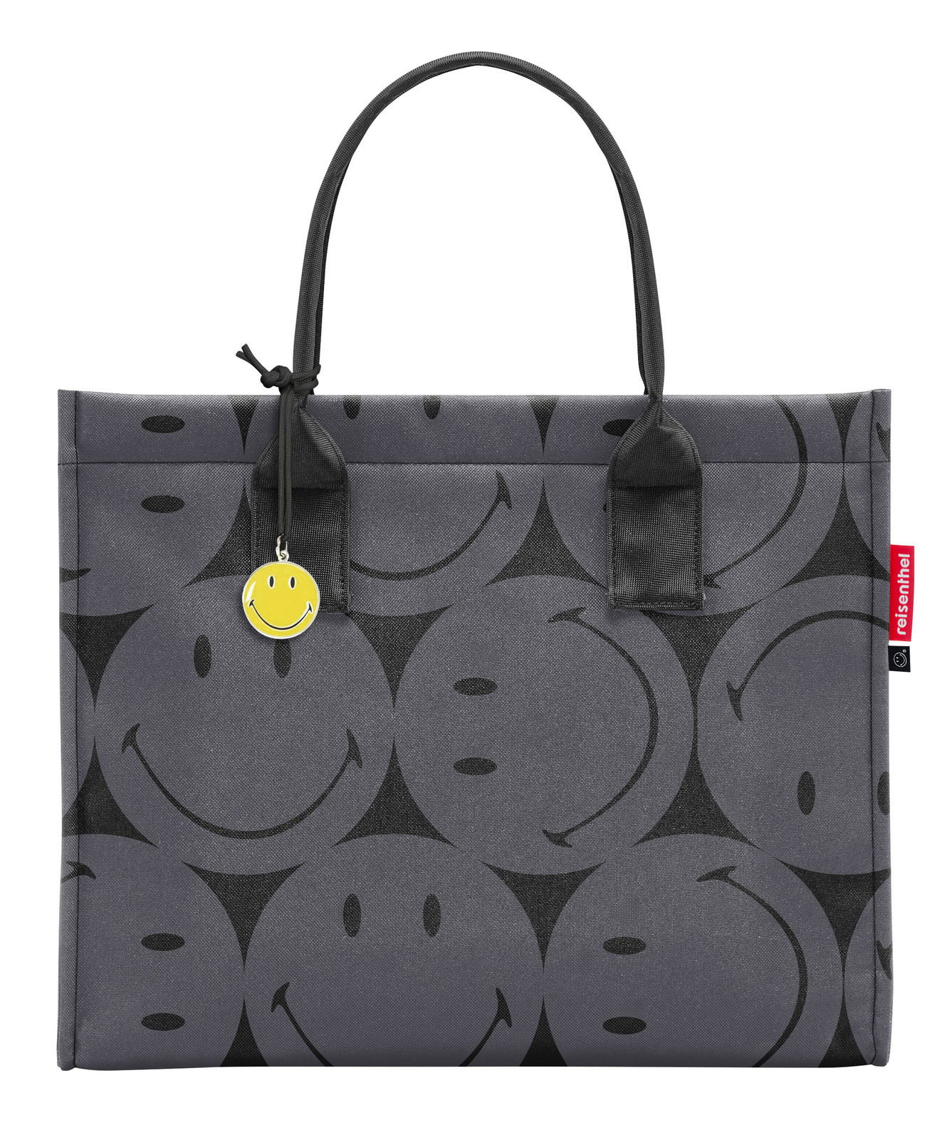 Graue Einkaufstasche mit schwarzen Smiley-Motiven und gelbem Smiley-Anhänger, Vorderansicht