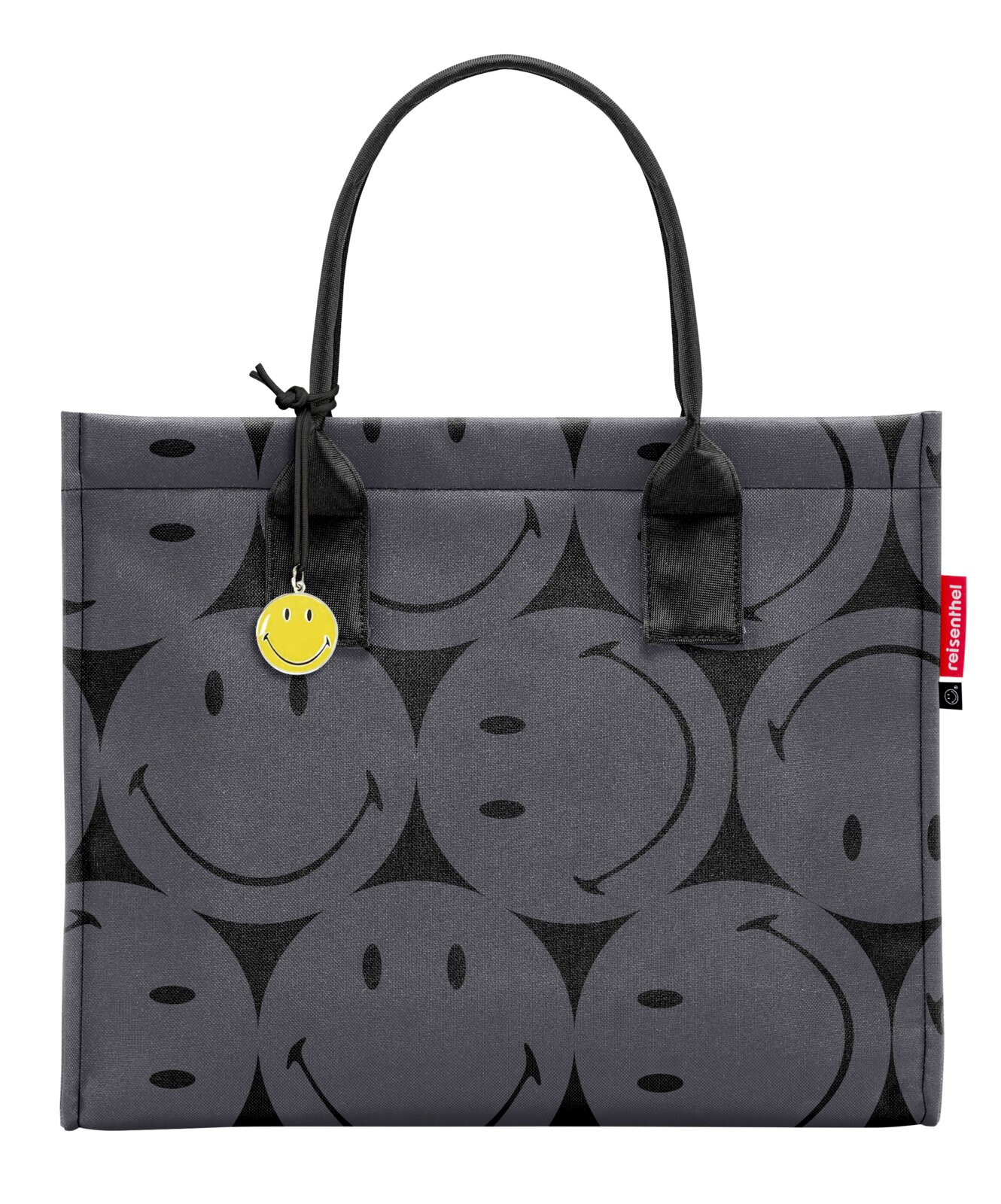 Grijze boodschappentas met zwarte smiley-motieven en een gele smiley-hanger, vooraanzicht