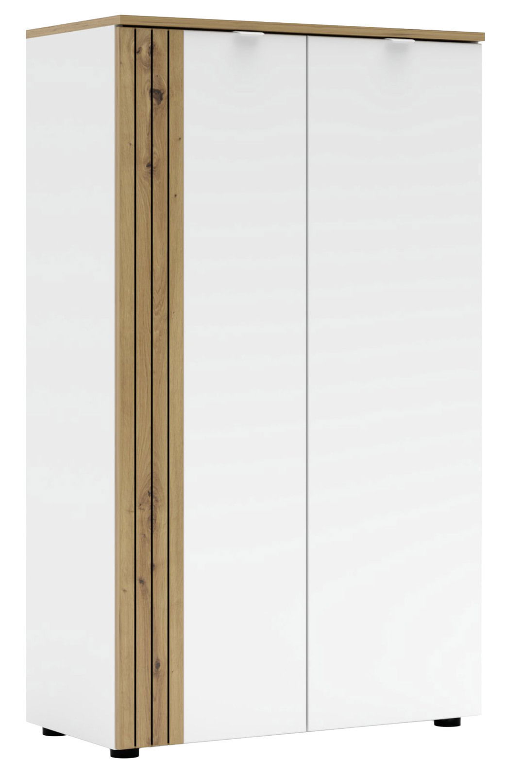 Voleo Highboard DIANA Moderner Büroschrank mit weißen Türen und Holzdetails, seitliche Perspektive