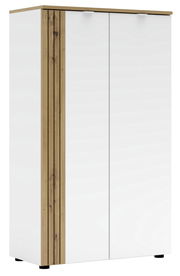 Moderner Büroschrank mit weißen Türen und Holzdetails, seitliche Perspektive