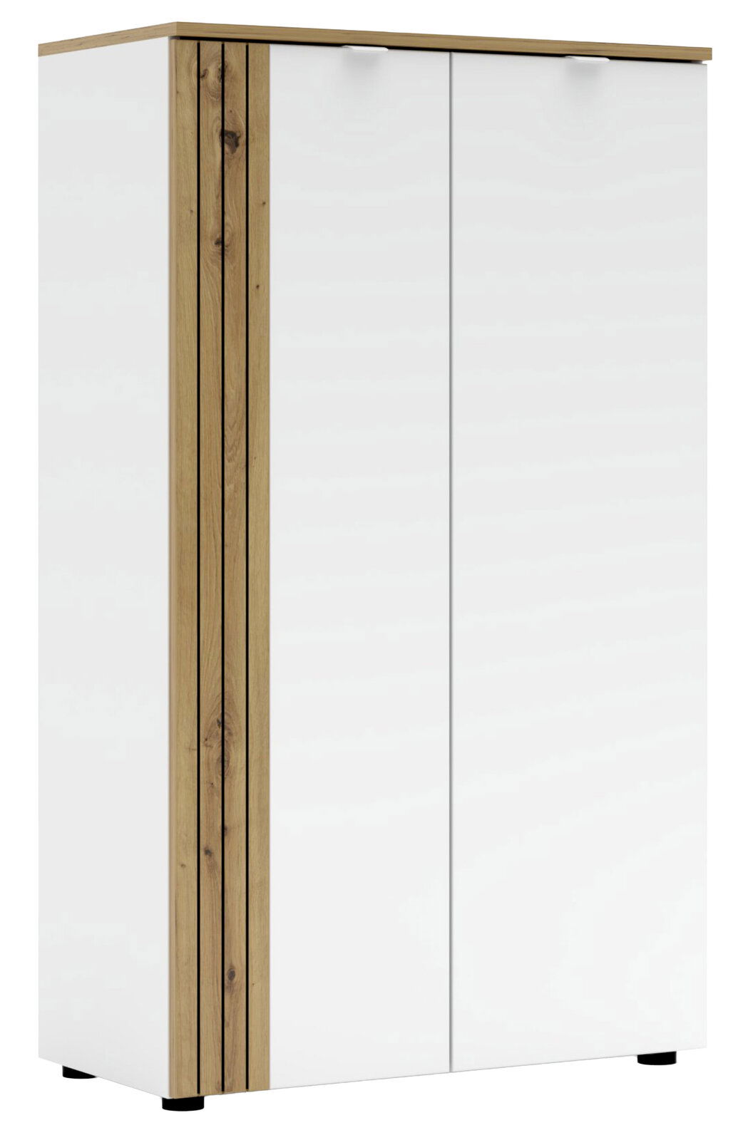 Voleo Highboard DIANA Moderner Büroschrank mit weißen Türen und Holzdetails, seitliche Perspektive