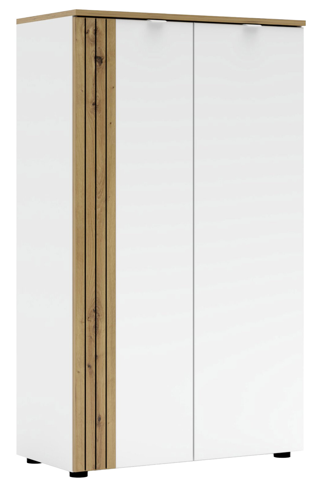 Moderner Büroschrank mit weißen Türen und Holzdetails, seitliche Perspektive