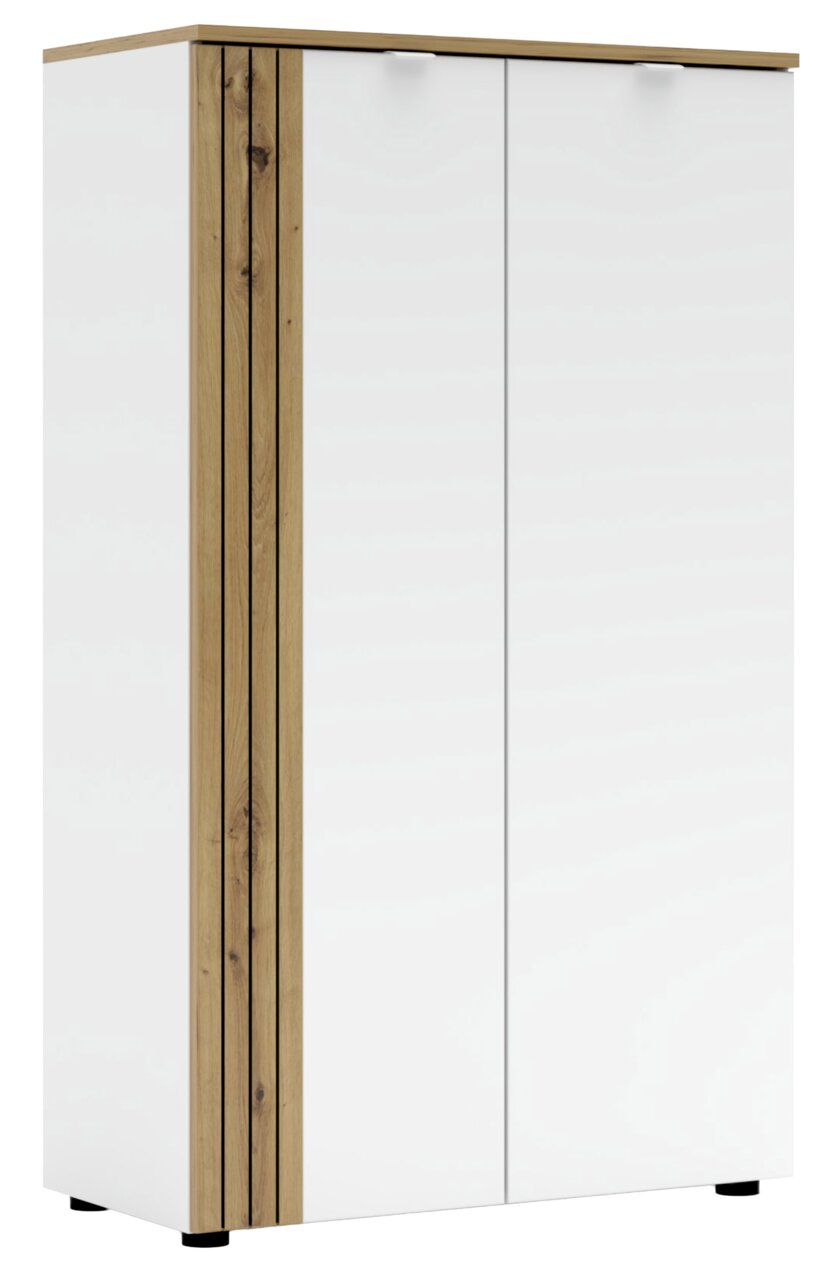 Moderner Büroschrank mit weißen Türen und Holzdetails, seitliche Perspektive