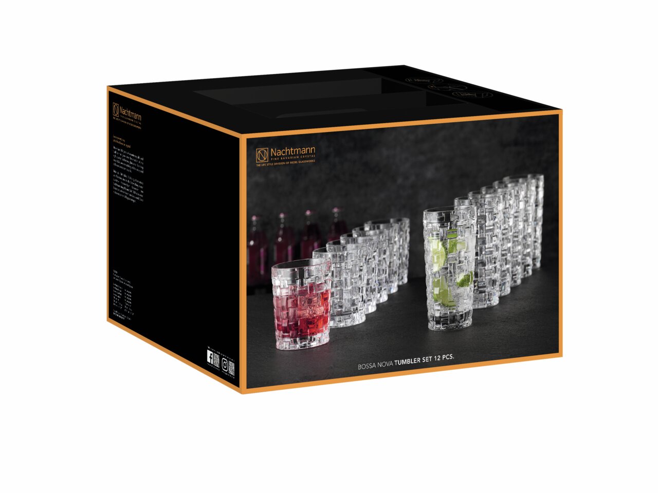 Schwarze Nachtmann Produktverpackung für Bossa Nova Tumbler Set (12 Stück) mit Abbildung strukturierter Kristallgläser, schräg von vorn links in leichter Draufsicht fotografiert.