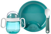Babygeschirr-Set Mio in Türkis mit Trinklernbecher, Teller und Löffel, von oben fotografiert