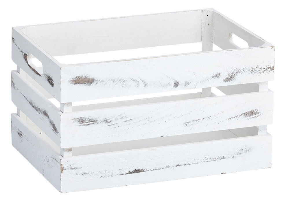 Weiße Holz-Aufbewahrungskiste mit rustikalem Look, seitliche Perspektive