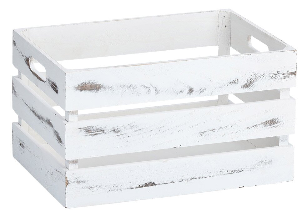 Weiße Holz-Aufbewahrungskiste mit rustikalem Look, seitliche Perspektive