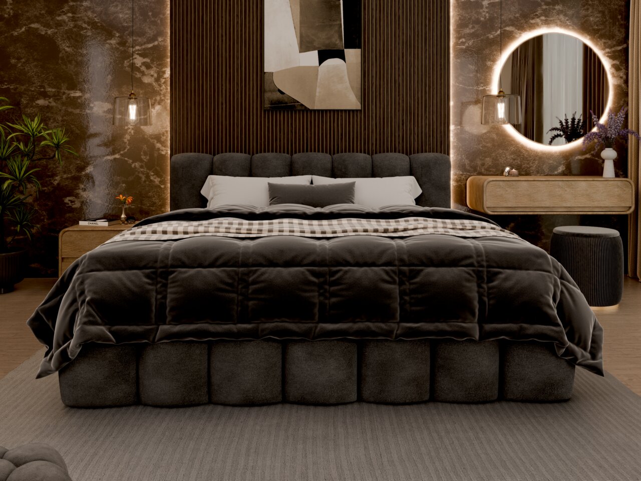 Luxuriöses Polsterbett in einem stilvoll eingerichteten Schlafzimmer, frontal aufgenommen. Das Bett ist mit einer dunklen, gepolsterten Decke und mehreren Kissen ausgestattet. Im Hintergrund sind eine runde, beleuchtete Wandspiegel und moderne Nachttische
