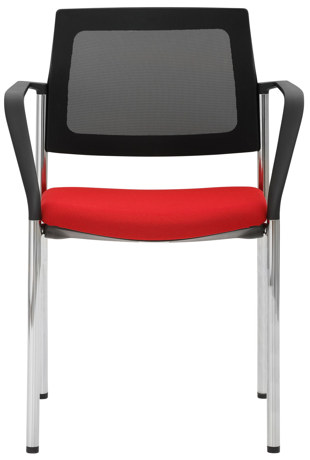 Stapelstuhl mit schwarzer Rückenlehne und rotem Sitzpolster, frontal fotografiert