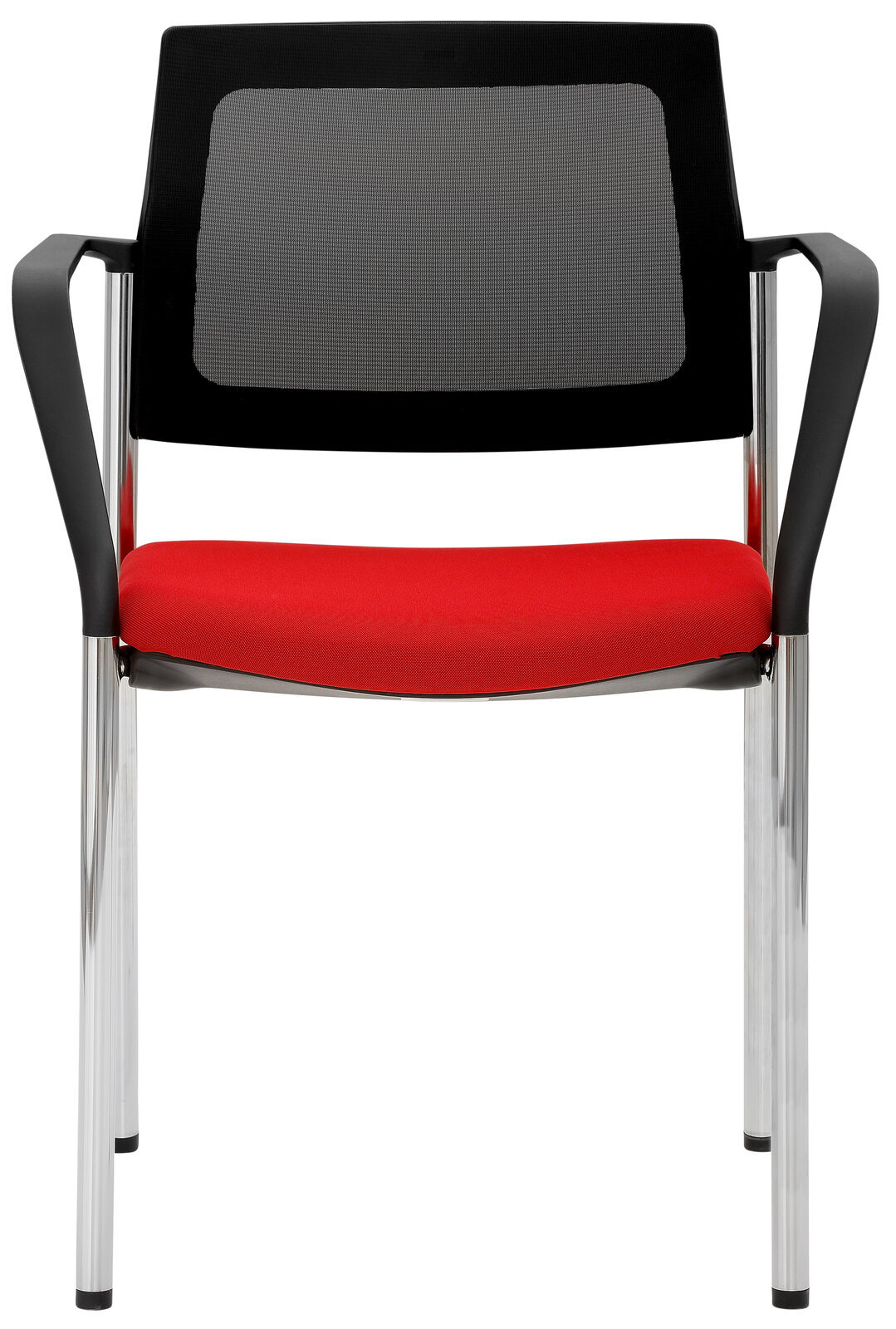 Stapelstuhl mit schwarzer Rückenlehne und rotem Sitzpolster, frontal fotografiert