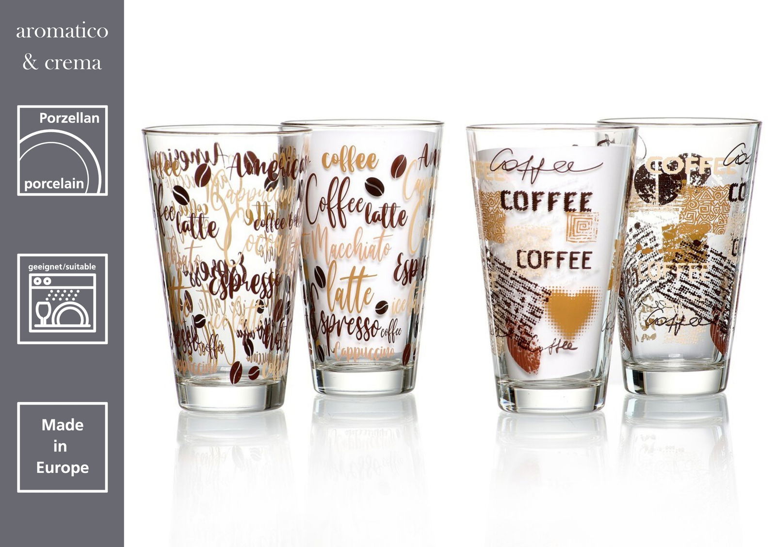 Vier hohe Gläser mit dekorativem Kaffee-Design, ideal für Latte Macchiato, aus Porzellan, spülmaschinengeeignet, Made in Europe, seitliche Perspektive.