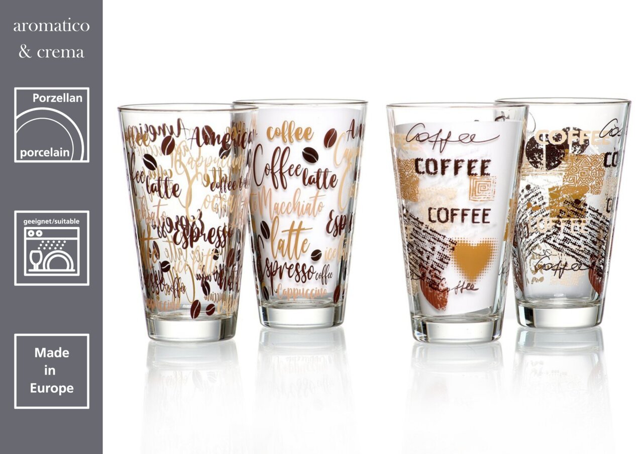 Ritzenhoff & Breker Latte Macchiato CREMA Vier hohe Gläser mit dekorativem Kaffee-Design, ideal für Latte Macchiato, aus Porzellan, spülmaschinengeeignet, Made in Europe, seitliche Perspektive.