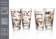 Vier hohe Gläser mit dekorativem Kaffee-Design, ideal für Latte Macchiato, aus Porzellan, spülmaschinengeeignet, Made in Europe, seitliche Perspektive.